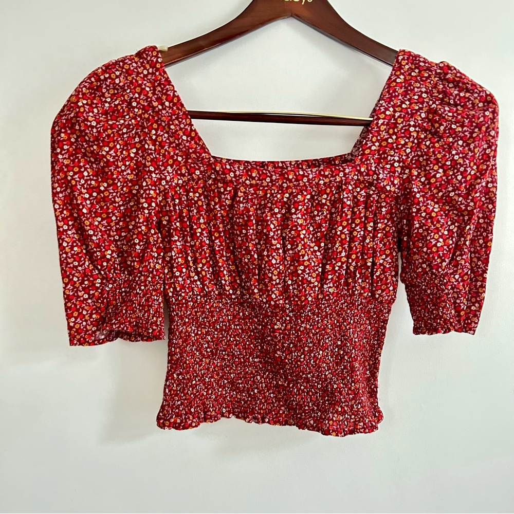 Maroon Floral Blouse Universal Thread Puffed Sleeve stretchy bodice XS